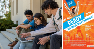 Left: students at Mary Baldwin typing on a laptop. Right: A poster for the 2023 Microsoft Office World Championships.