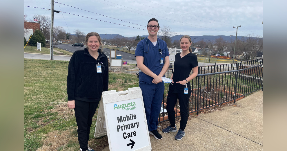 Students in the Mary Baldwin University physician assistant program volunteering with Augusta Health's mobile health clinic at a site in Waynesboro.