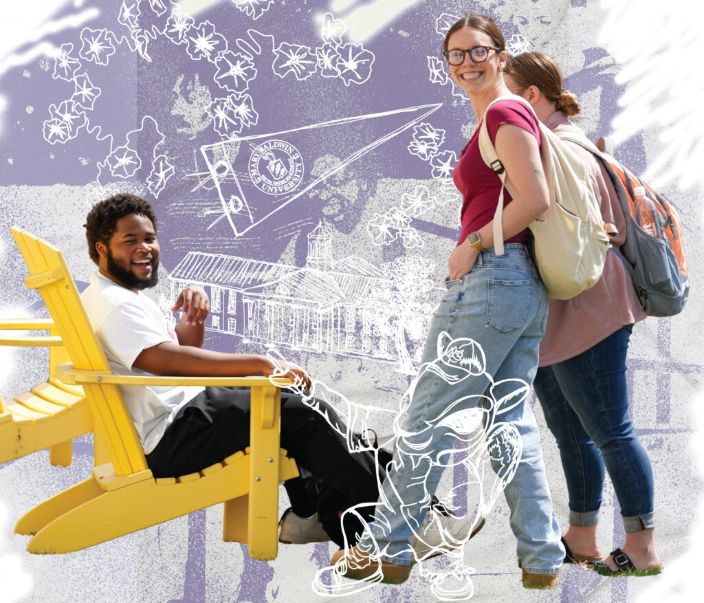 Three students and MBU-related illustrations