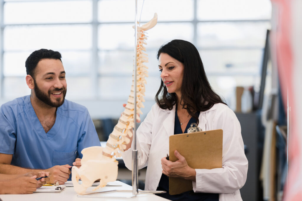 Using a model of the human spine, the mid adult female professor helps the students understand their assignment.