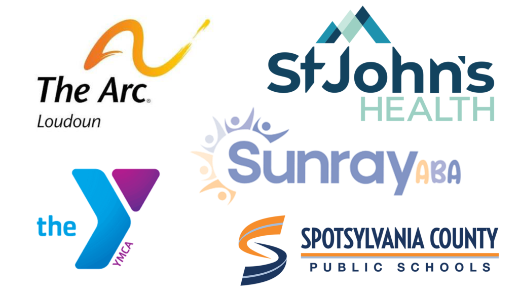 MBU Employer logos for ABA & Autism Studies majors: The Arc of Loudon, St. John's Health, The YMCA, Sunray ABA, and Spotsylvania County Public Schools