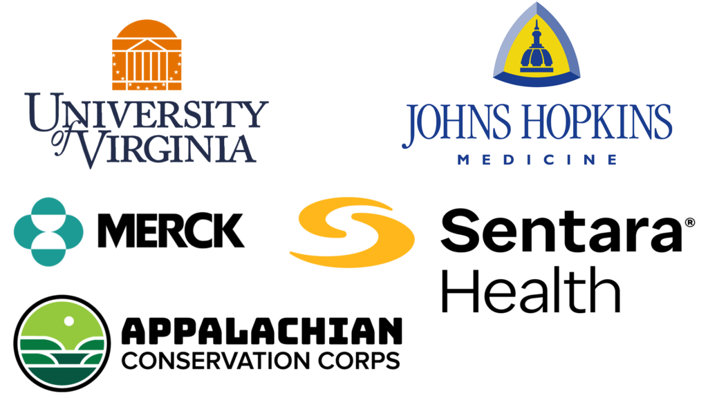 Biology major employer logos: UVA, Johns Hopkins Medicine, Merck, Sentara, Appalachian Conservation Corps